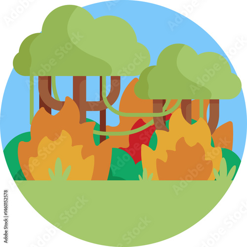 Depicts a large uncontrolled fire spreading across natural landscapes such as forests or grasslands.