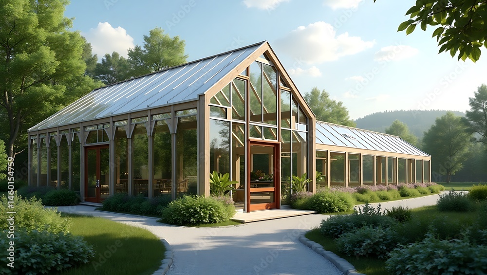 Elegant glasshouse showcasing nature's beauty surrounded by lush foliage Elegant glasshouse showcasing nature's beauty surrounded by lush foliage