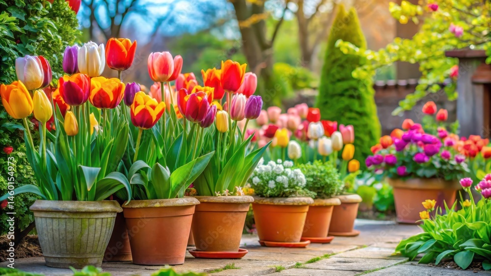 Fototapeta premium A vibrant garden path lined with terracotta pots filled with colorful tulips blooming in the springtime sun