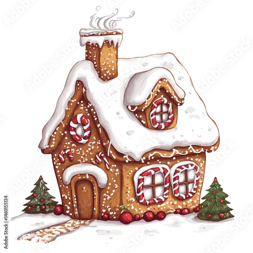 Christmas Gingerbread House 2D flat vector illustration, isolated on a white background.