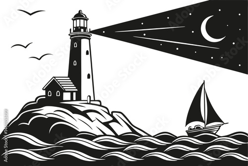 92 Silhouette lighthouse, coastal island, dramatic black and white, stark contrast, iconic maritime imagery, simplified graphic design, isolated structure, rocky outcrop, nautical theme, minimalist il
