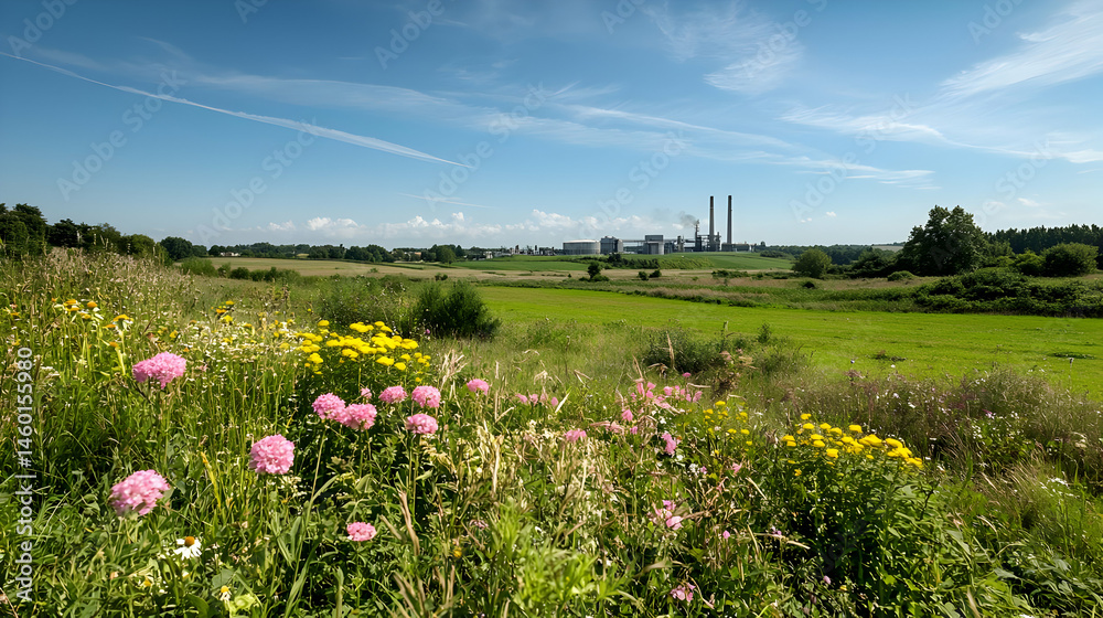 Obraz premium Colorful Meadow With Pink Flowers And A Factory In The Background