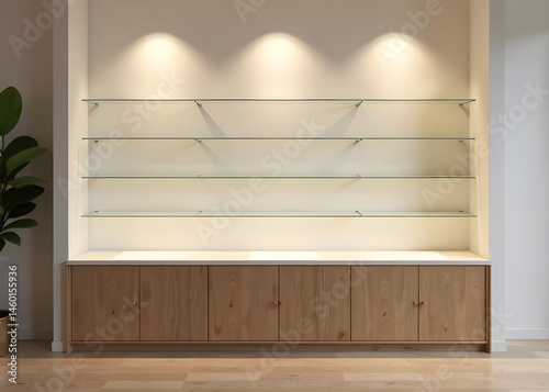 A modern, white glass display case on a wooden gallery pedestal in an upscale retail environment. Clean lines, minimalistic background, soft spotlighting with a slight warm glow creating depth and amb