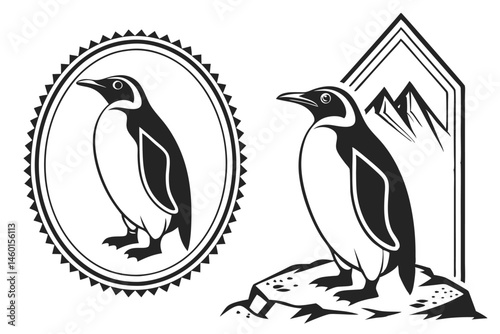 93 Penguin silhouettes, black and white illustration, graphic design, minimalist art, emperor penguins, symmetrical composition, vector graphics, wildlife icons, Antarctic animals, standing poses, sid