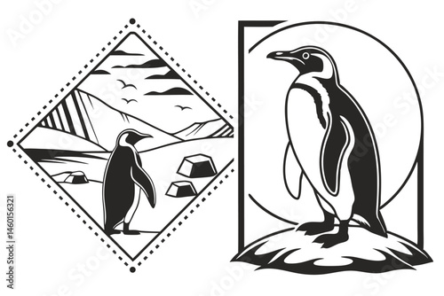 93 Penguin silhouettes, black and white illustration, graphic design, minimalist art, emperor penguins, symmetrical composition, vector graphics, wildlife icons, Antarctic animals, standing poses, sid