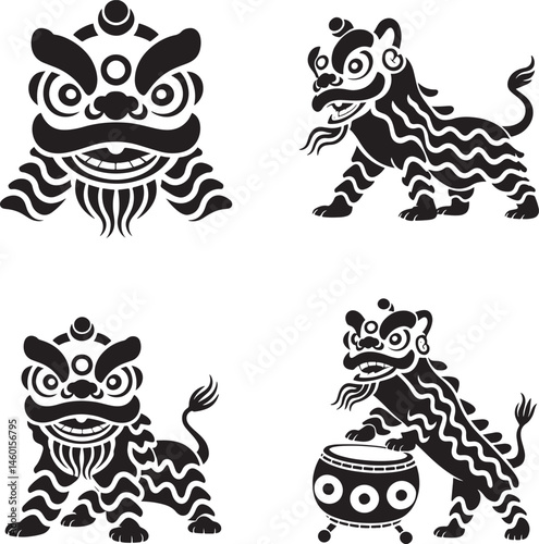Lion dance silhouette set vector illustration isolated On Transparent Background