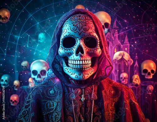 kull with vivid paint. Spooky concept. Halloween or Santa Muerte concept. Retro future back