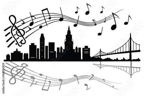 94 Sound wave cityscape, musical notes, black and white, minimalist, abstract, audio visualization, urban skyline, reflection in water, geometric shapes, rhythm illustration, music landscape, audio sp