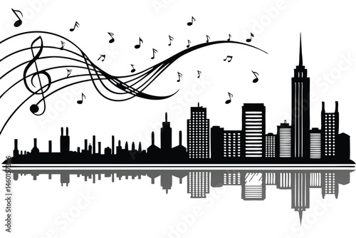 94 Sound wave cityscape, musical notes, black and white, minimalist, abstract, audio visualization, urban skyline, reflection in water, geometric shapes, rhythm illustration, music landscape, audio sp