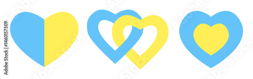 Heart symbols of love of Ukraine in national patriotic colors blue and yellow isolated on white background mini set. Stop war. Support for Ukrainian people. Peaceful country. Vector illustration