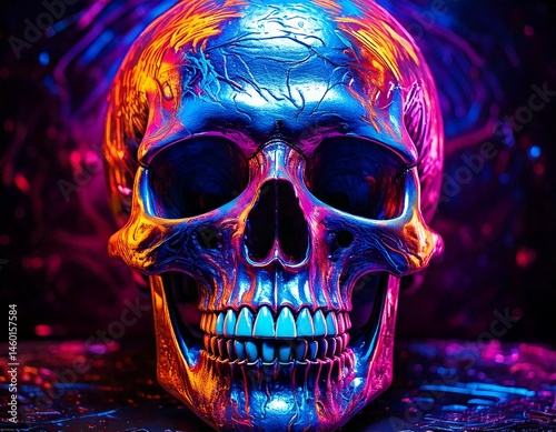 kull with vivid paint. Spooky concept. Halloween or Santa Muerte concept. Retro future back