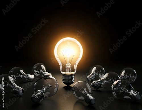 One of Lightbulb glowing among shutdown light bulb in dark area with copy space for creative