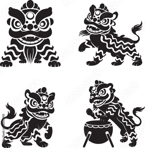 Lion dance silhouette set vector illustration isolated On Transparent Background
