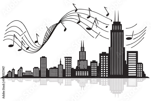 94 Sound wave cityscape, musical notes, black and white, minimalist, abstract, audio visualization, urban skyline, reflection in water, geometric shapes, rhythm illustration, music landscape, audio sp