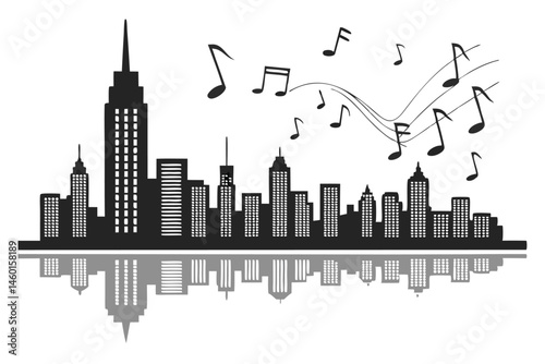 94 Sound wave cityscape, musical notes, black and white, minimalist, abstract, audio visualization, urban skyline, reflection in water, geometric shapes, rhythm illustration, music landscape, audio sp