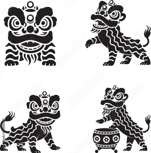 Lion dance silhouette set vector illustration isolated On Transparent Background