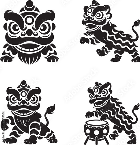 Lion dance silhouette set vector illustration isolated On Transparent Background