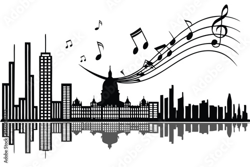 94 Sound wave cityscape, musical notes, black and white, minimalist, abstract, audio visualization, urban skyline, reflection in water, geometric shapes, rhythm illustration, music landscape, audio sp