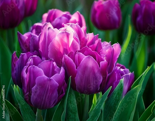 Beautiful fresh fluffy purple tulip flowers in full bloom in the garden, close up