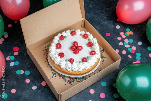 Birthday cake in a box. Festive decorations surround a round cake