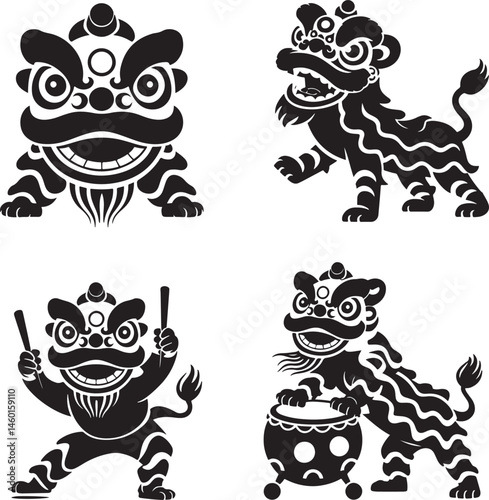 Lion dance silhouette set vector illustration isolated On Transparent Background