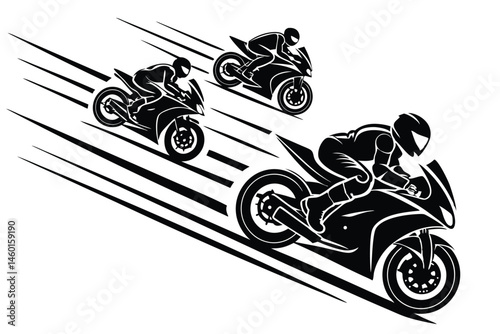 95 Silhouette motorcycle riders, dynamic racing poses, side view motorcycles, sport bikes, black and white illustration, high contrast, minimalist design, motion blur effect, speed lines, aggressive r
