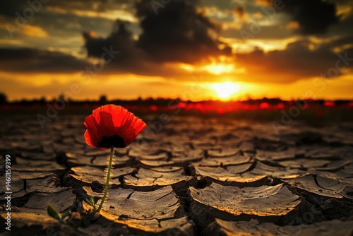 Single poppy blooms amidst cracked earth at sunset