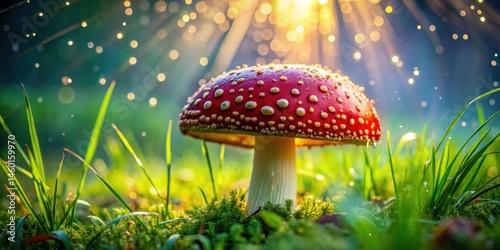 Wallpaper Mural A single red and white mushroom with white spots stands tall in a bed of lush green grass bathed in golden sunlight Torontodigital.ca