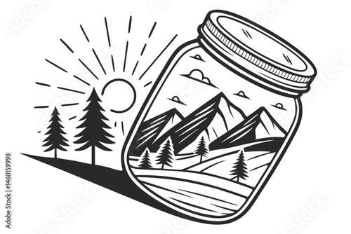 96 Black and white illustration, glass jar silhouette, screw-top lid, mountain landscape inside, rising sun, radiating sunbeams, reflection on water, trees, minimalist design, bold contrast, iconic im