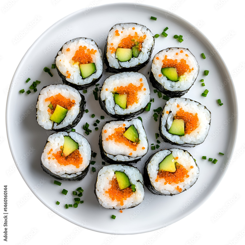 Delicious Avocado and Ikura Sushi Rolls on White Plate, Delicious Avocado and Ikura Sushi Rolls on White Plate,