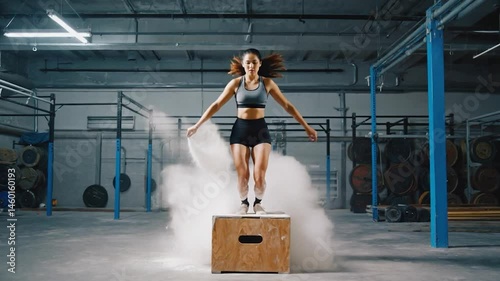 Woman jumps over box in gym, creating dust cloud. Potential use Fitness motivation photo