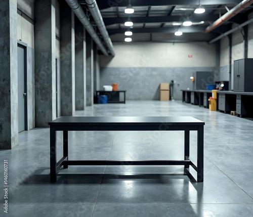 A minimalist, industrial-style factory floor with an empty, black steel laboratory table at center frame. The table is perfectly smooth, with a flat surface and subtle lip at the edges. Direct lightin photo