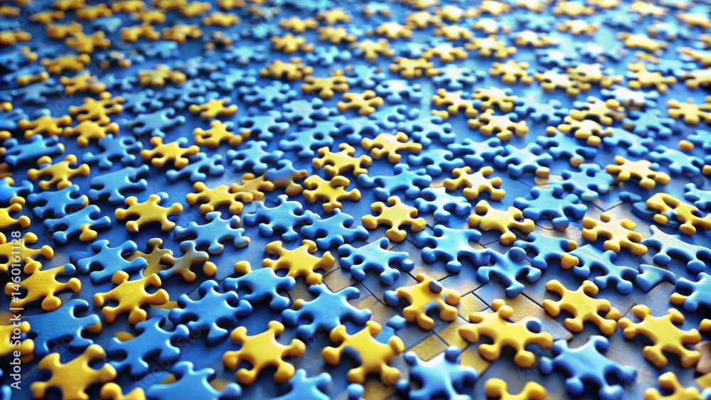 Obraz premium A close-up view of a puzzle with blue and yellow pieces, showcasing the intricate details of the interlocking shapes and the interplay of color.