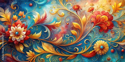 A vibrant and intricate floral arrangement, showcasing a medley of reds, oranges, and golds against a backdrop of teal hues, with swirling vines and delicate details