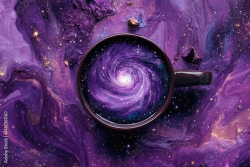 A dark brown mug, filled with a swirling galaxy, sits on a vibrant purple and white marbled surface