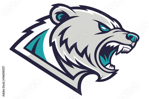 97 Fierce bear head logo, stylized vector illustration, aggressive expression, piercing blue eyes, gray and teal fur, sharp teeth, symmetrical design, mascot emblem, bold lines, graphic art style, int