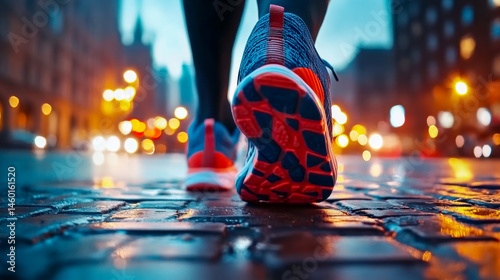 A close-up of running shoes pounding the pavement at sunset, capturing the rhythm of motion and the runner’s unwavering drive against the warm glow of the city skyline.