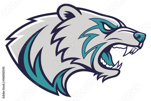 97 Fierce bear head logo, stylized vector illustration, aggressive expression, piercing blue eyes, gray and teal fur, sharp teeth, symmetrical design, mascot emblem, bold lines, graphic art style, int