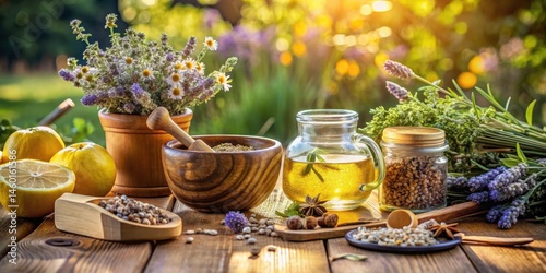A rustic wooden table adorned with a medley of natural ingredients, including fresh herbs, citrus fruits, and dried seeds, ready to be used in the creation of home-made remedies.