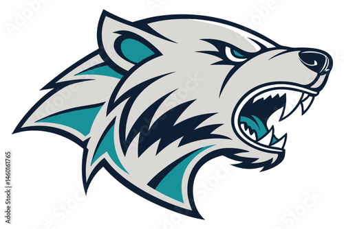 97 Fierce bear head logo, stylized vector illustration, aggressive expression, piercing blue eyes, gray and teal fur, sharp teeth, symmetrical design, mascot emblem, bold lines, graphic art style, int
