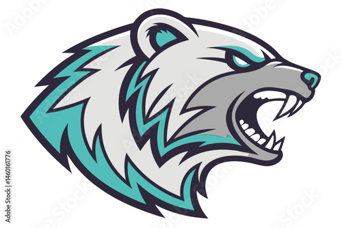 97 Fierce bear head logo, stylized vector illustration, aggressive expression, piercing blue eyes, gray and teal fur, sharp teeth, symmetrical design, mascot emblem, bold lines, graphic art style, int