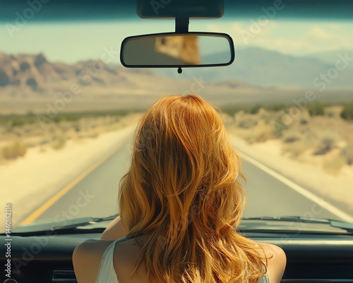 A woman with flowing hair enjoys a scenic road trip through a vast desert landscape under a clear blue sky.