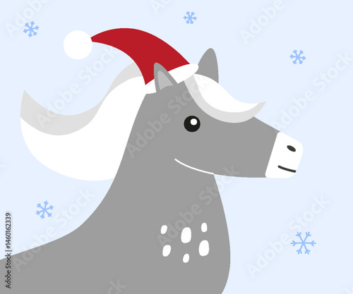 A gray horse wearing a Santa hat with white mane and snowflakes in the background. Winter holiday new year illustration in a flat cartoon style, christmas card