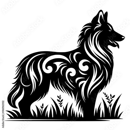 Black & White Dog Silhouette with Swirl Design, Grass, and Minimalist Aesthetic