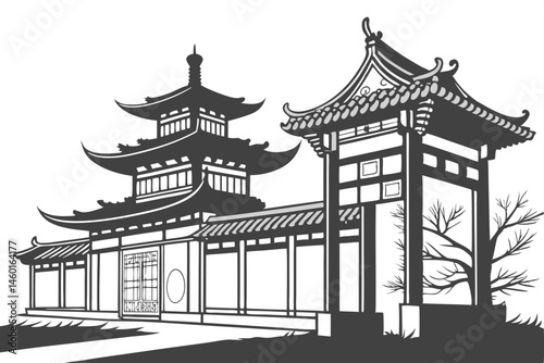 99 Traditional Chinese architecture, silhouettes, ornate gates, pagoda roofs, East Asian design, black and white, symmetrical structures, cultural landmarks, ancient portals, decorative eaves, intrica