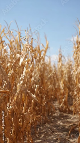Dry corn stalks stand tall in the autumn sun against a clear blue sky in an agricultural field
