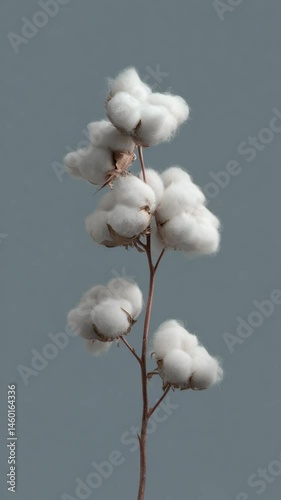 A simple image showcasing a cotton plant branch featuring fluffy bolls, presented against a muted background highlighting the plant's textures.