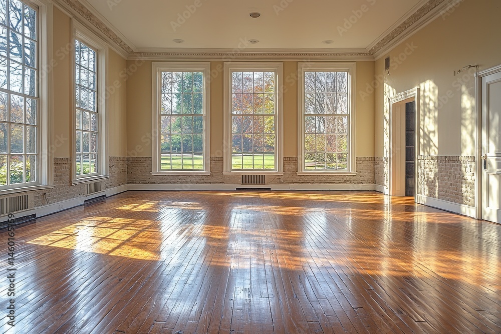 Fototapeta premium Elegant room with floor-to-ceiling windows and views of a serene outdoor garden