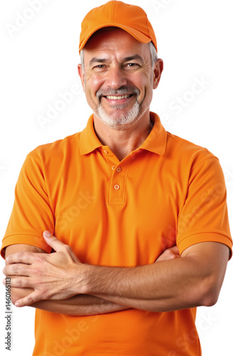 Confident man in orange polo, arms crossed, friendly smile.
