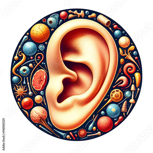 Realistic human ear isolated on white background. Human ear organ hearing health care closeup 3d realistic isolated icon design vector illustration